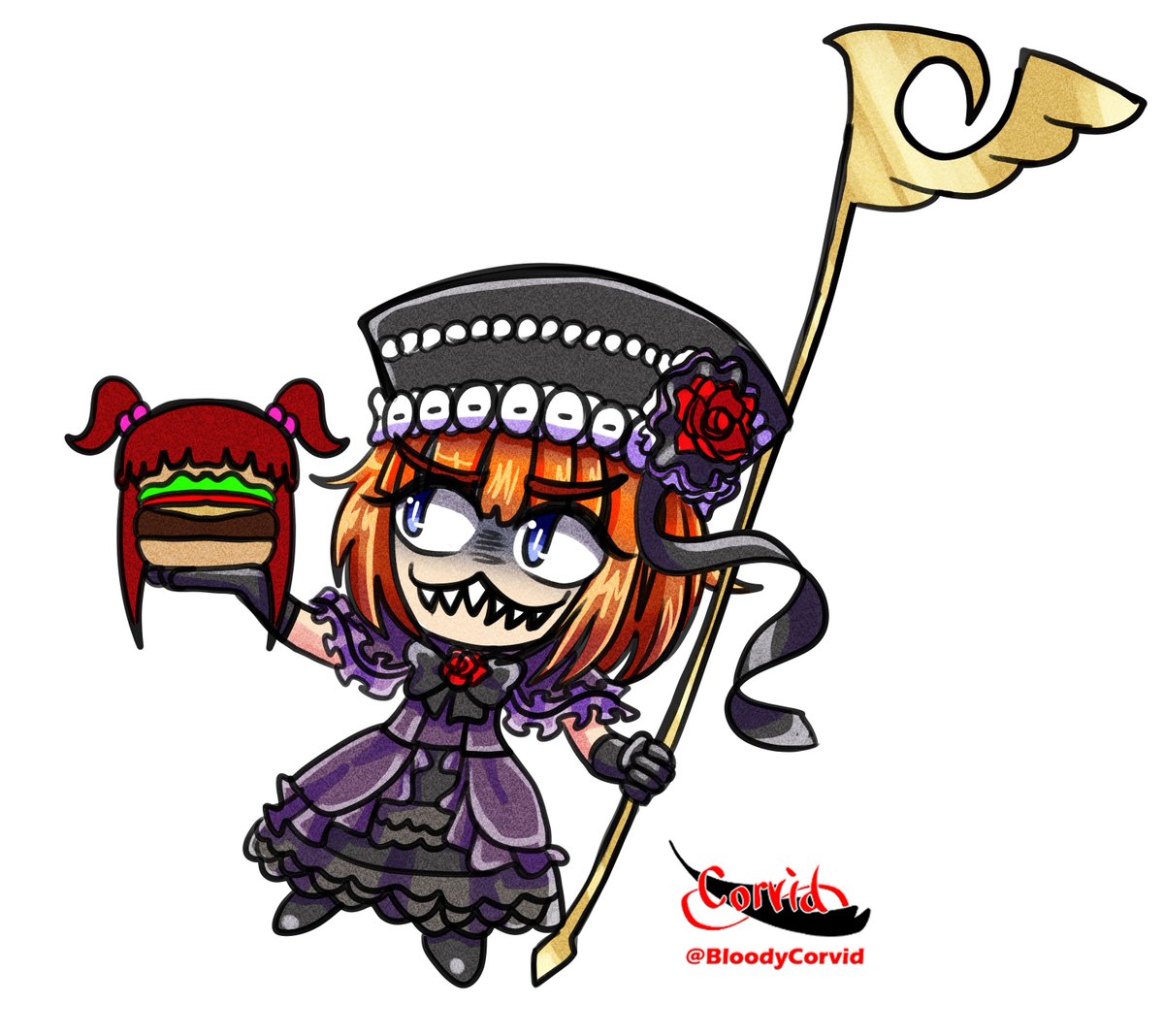 CanOfCrows07's tweet photo. Eva Gremlin with Ange Burger. Inspired by @DrawsZucchini and Sagira
#Umineko #うみねこのなく頃に https://t.co/yepAenuDld