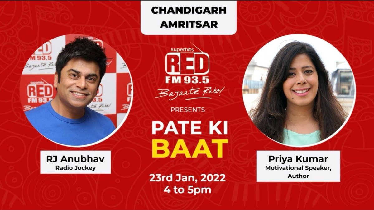 _GeniusInside_'s tweet photo. People of Chandigarh and Amritsar, an amazing evening awaits for you all! Tune in for a compelling and fascinating conversation with the renowned author and motivational speaker Priya Kumar only at Red FM 93.5 with @RjAnubhavchd #savethedate

#tomorrow #evening #redfm #priyakumar https://t.co/3zcIM9FQW4