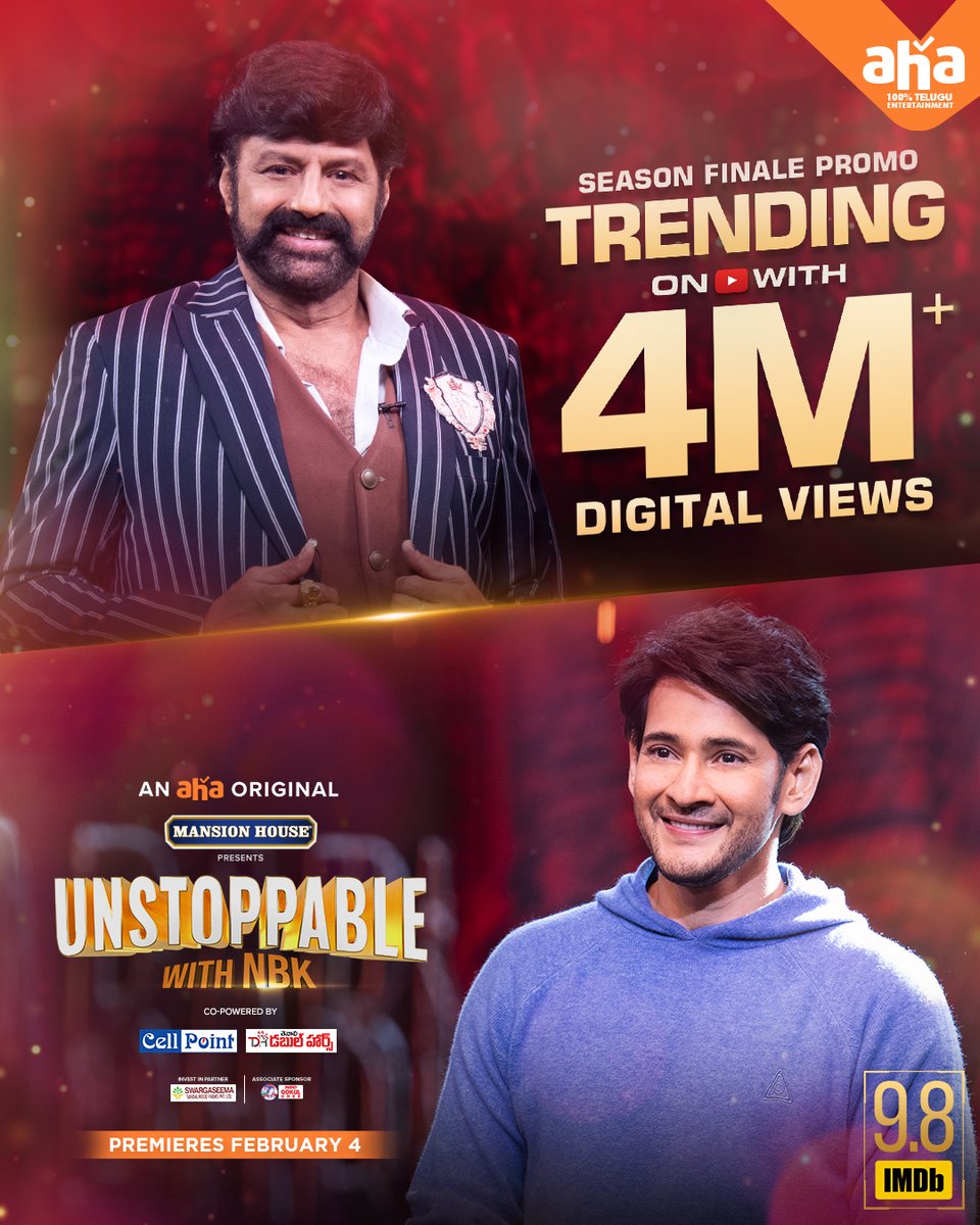 ahavideoIN's tweet photo. The season finale ft. Superstar @urstrulymahesh begins on a grand note. 

#UnstoppableWithNBK promo trending on @YouTubeIndia with 4M+ Digital Views 🔥

Premieres February 4.
https://t.co/kR442UpxIz

#NandamuriBalakrishna @directorvamshi https://t.co/vdBTeT5IHa