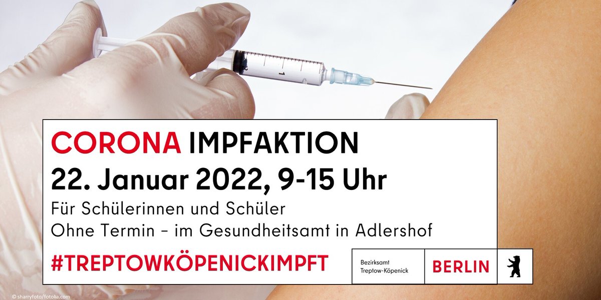 BaBerlinTK's tweet photo. Heute (22.1.) von 9 - 15 Uhr in #BerlinAdlershof: #ImpfangebotfürSchülerInnen ab 12 Jahren
Es sind #Erst-, #Zweit- als auch #Auffrischungsimpfungen/ #Booster möglich. Die zweite Impfung muss min. 3 Monate her sein. Hier gibt es die wichtigsten Infos👉https://t.co/wexhU3KzPW https://t.co/nCxDSHB8cw