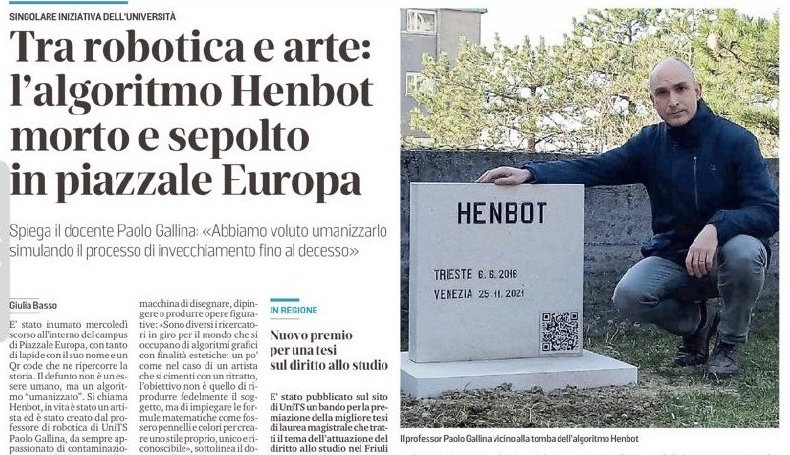 UniTrieste's tweet photo. Su @il_piccolo di oggi "La morte dell'algoritmo"

Si chiamava Henbot, in vita è stato un artista ed è stato creato dal professore di Robotica Paolo Gallina, da sempre appassionato di contaminazioni tra tecnologia e arte.

Qui un'anteprima, l'articolo lo trovate in edicola ↓ https://t.co/h7nlPGivuz
