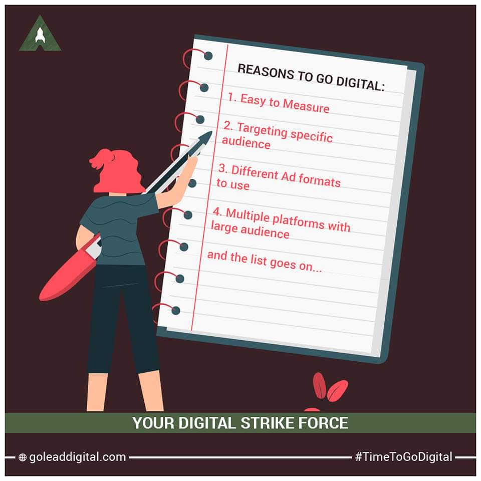 GoLeadDigital's tweet photo. There are many reasons to make your business go digital.
At Go Lead Digital we make sure to have all the reasons work for your business and provide you a reach of audience in multiple folds.
#TimeToGoDigital #DigitalTransformation #GrowYourBusiness https://t.co/UrvMC4nPYu