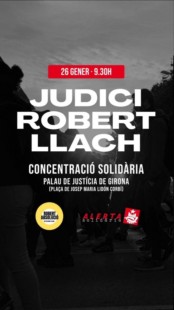 Alerta Solidària (@alertasolidaria) on Twitter photo 🔴NOU JUDICI POLÍTIC‼️
Dimecres jutgen en Robert, per les protestes post-sentencia de l'octubre del 2019🔥
📢No hi serà sol. Mostrem de nou el nostre suport amb les que lluiten contra la repressió i per la llibertat dels Països Catalans ✊
<a href="/robertabsolucio/">robertabsolucio</a> !
Visca la Terra❗ 🔴NOU JUDICI POLÍTIC‼️
Dimecres jutgen en Robert, per les protestes post-sentencia de l'octubre del 2019🔥
📢No hi serà sol. Mostrem de nou el nostre suport amb les que lluiten contra la repressió i per la llibertat dels Països Catalans ✊
<a href="/robertabsolucio/">robertabsolucio</a> !
Visca la Terra❗