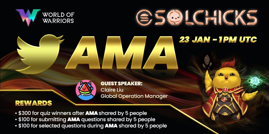 artisse_ai's tweet photo. We're having an #AMA regarding the IGO with #WoWarriors #SolChicks!

🗓️ Jan.23th 13:00 UTC
🤑 $100 for 5 best questions
👉 https://t.co/LURrrXKcVI
😊 Claire from #WOW

📌Rules:
1️⃣Follow @wowarriors_io and @SolChicksNFT
2️⃣Like, Retweet &amp; leave your questions in comment section https://t.co/q9ecJBpWcT