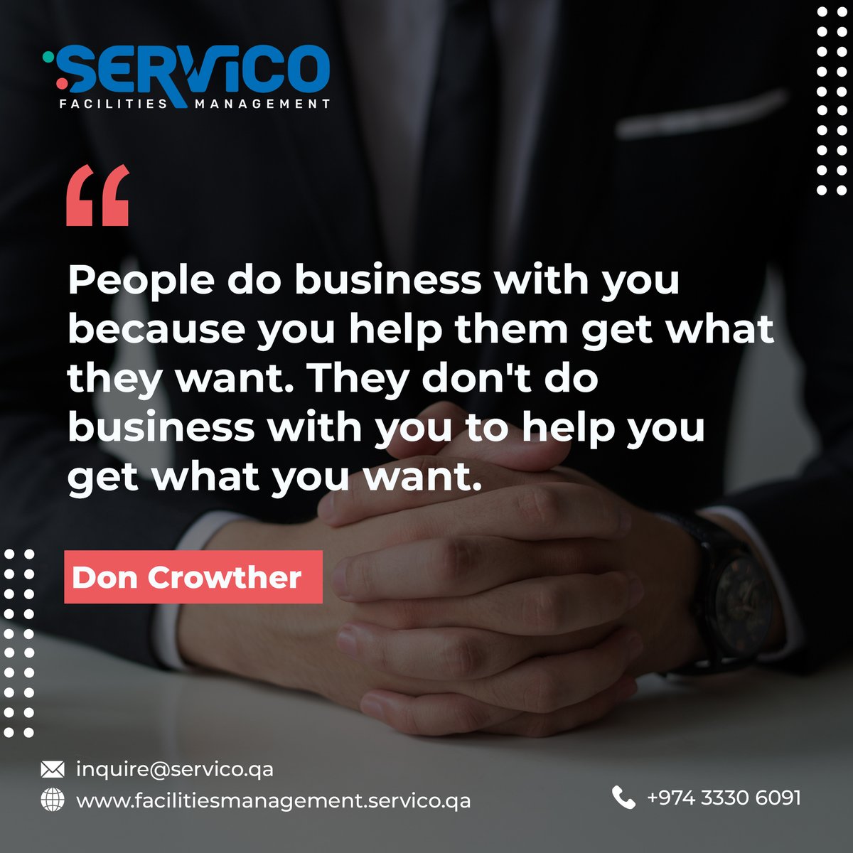 Servico_FM's tweet photo. Always think of adding value to the person in front of you. That's the only way to stay relevant and to keep doing business.
#servicofacilitiesmanagement #servicogroup #motivationalquotes #quotes https://t.co/Kk1Tj0k7K1