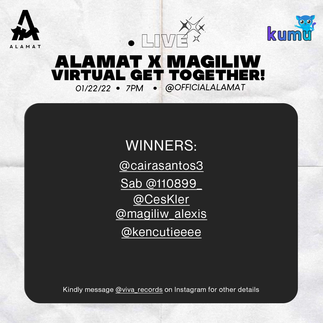 Official_ALAMAT's tweet photo. Here are the MAGILIW who'll be joining us on our 1st KUMU ALAMAT x MAGILIW Virtual Get Together. 

Message @viva_records on instagram for other details.

Kita-kits.
Official Tagline:
ALAMATxMAGILIWonKumu https://t.co/ogqE05ZTh8