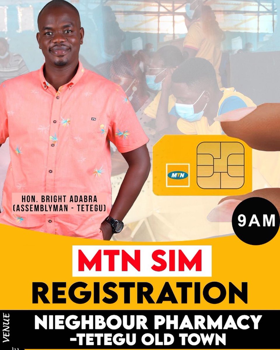 Badabra1's tweet photo. Good-morning Y’all 
MTN Sim Cards Re-registration coming on today @ 9:00 
Happening at 2 different locations in the tetegu old town. Ensuring there will be no long queue. Come out and Link Your MTN SIM cards to Your Ghana Card.

It FREE…!!!! 

Thanks https://t.co/vemyMvr9Oy