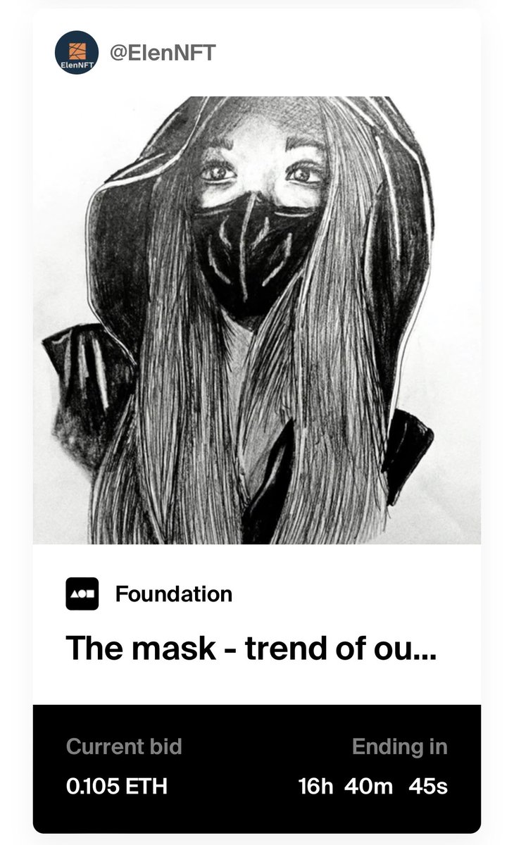 elen_nft1's tweet image. Good morning #NFTcommunity. 
My birthday is still going on, what amazing day! 🎉🥳🥰
Immediately on of my 3 #nft works on @withFND the auction is live. 

Thank you for the gift, my dear @Cryptinish 🥳🥰🙏😍🎉🎁 
Thank you all for your congratulations 🥳

foundation.app/@ElenNFT