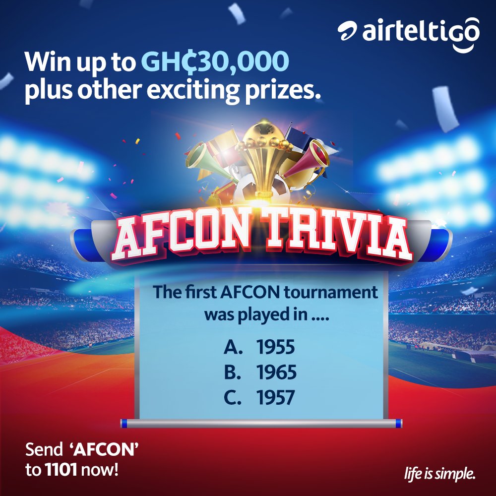 theatghana's tweet photo. There's cash and other awesome prizes up for grabs in the AFCON trivia!
You could win Cash, Jerseys and Smart TVs by correctly answering our AFCON trivia questions. Send 'AFCON' to 1101 to start playing now!
#LifeIsSimple | #AFCONTRIVIA | #UseAirtelTigo | #AFCON2021 https://t.co/jmrdN3g7wd