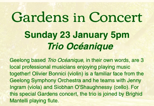 A friend of mine is playing with Trio Oceanique in the Botanic Gardens in Geelong tomorrow. Sure to be beautiful #music 😍👏 #supportlocal #geelong