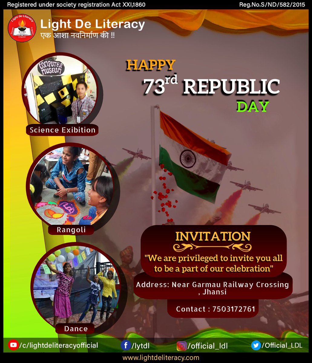Official_LDL's tweet photo. "We are privileged to invite you all to be a part of our celebration"

Address: Near Garmau Railway Crossing , Jhansi
#Celebration #RepublicDay2022 https://t.co/f3H55otNUE