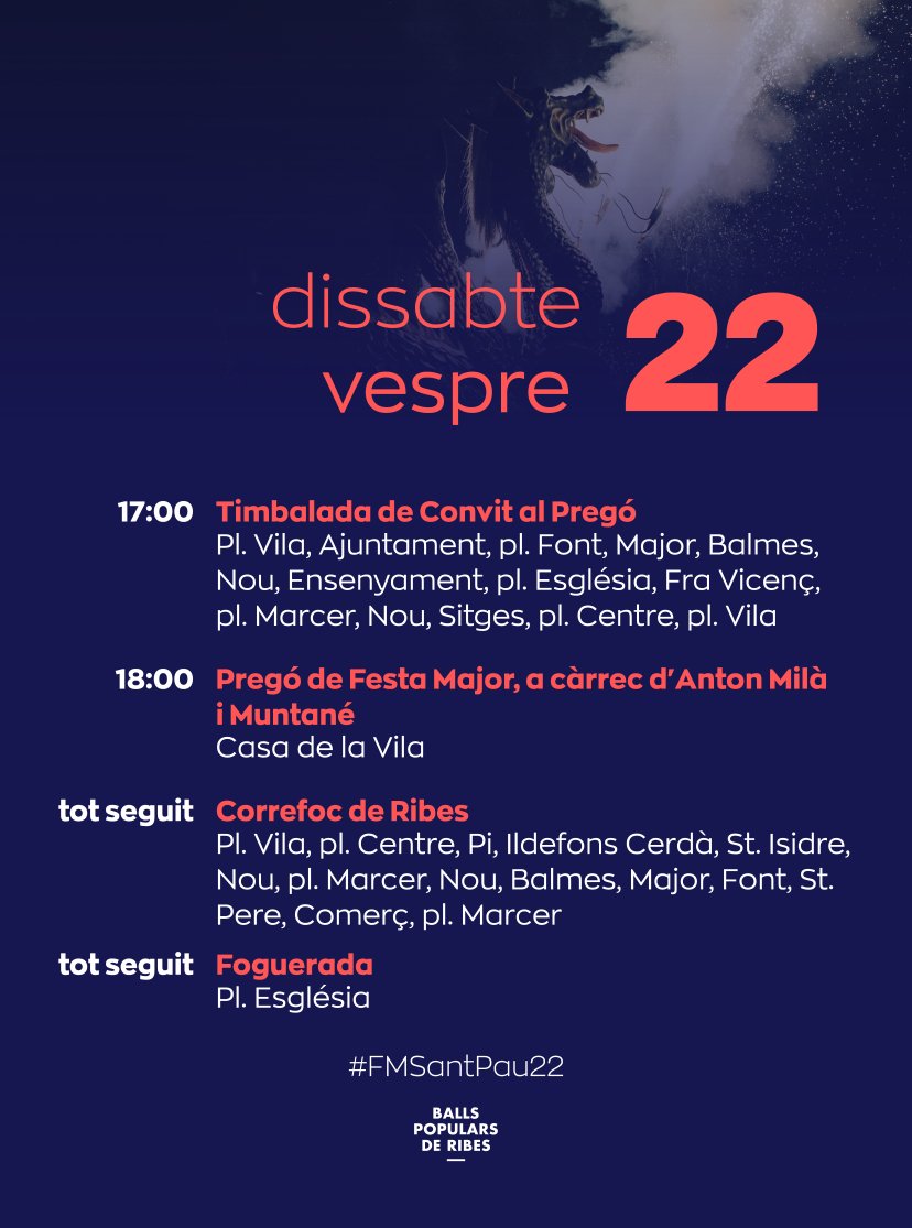 BallsRibes's tweet photo. Va, que sembla que això ja comença!
Actes d'aquest matí i d'aquest vespre 👇
#FMSantPau22
#spribes https://t.co/GMDkVAavFL