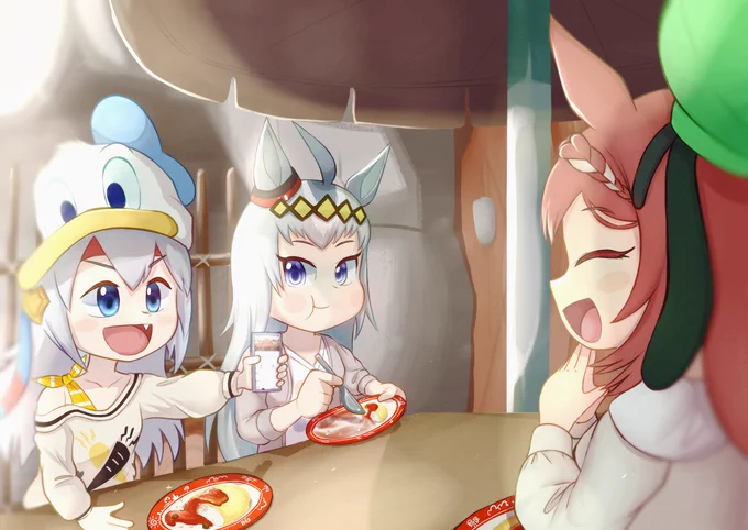 TDLのレストラン【グランマ・サラのキッチン】で食事する クリーク オグリ タマモを描きました。 
