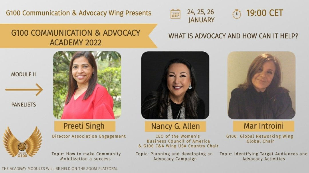 MadiSharma1's tweet photo. 3rd Week of Training Sessions of the #G100 Comms and Advocacy Academy,22 |What is Advocacy and how can it help?
Date|24, 25 and 26 Jan,22 
Time|19:00 CET
Reg|7th Trainig https://t.co/9sp9g8Pm8p| 8th Training https://t.co/EktmdOWYw0| 9th Training https://t.co/AZ1il1K6dN https://t.co/On9IT4gK2K