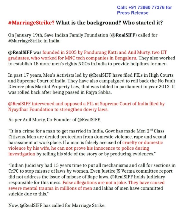 Ambar_SIFF_MRA's tweet photo. #MarriageStrike is not started by jokers.

It is started by @RealSIFF, which has saved lacs men from depression &amp; suic!des in last 17 yrs. 

It's founders #AnilMurty &amp; #PandurangKatti were IITians working in MNCs in Bangalore. They saved lacs of men &amp; women from jail under 498a. https://t.co/UtpD6n455d