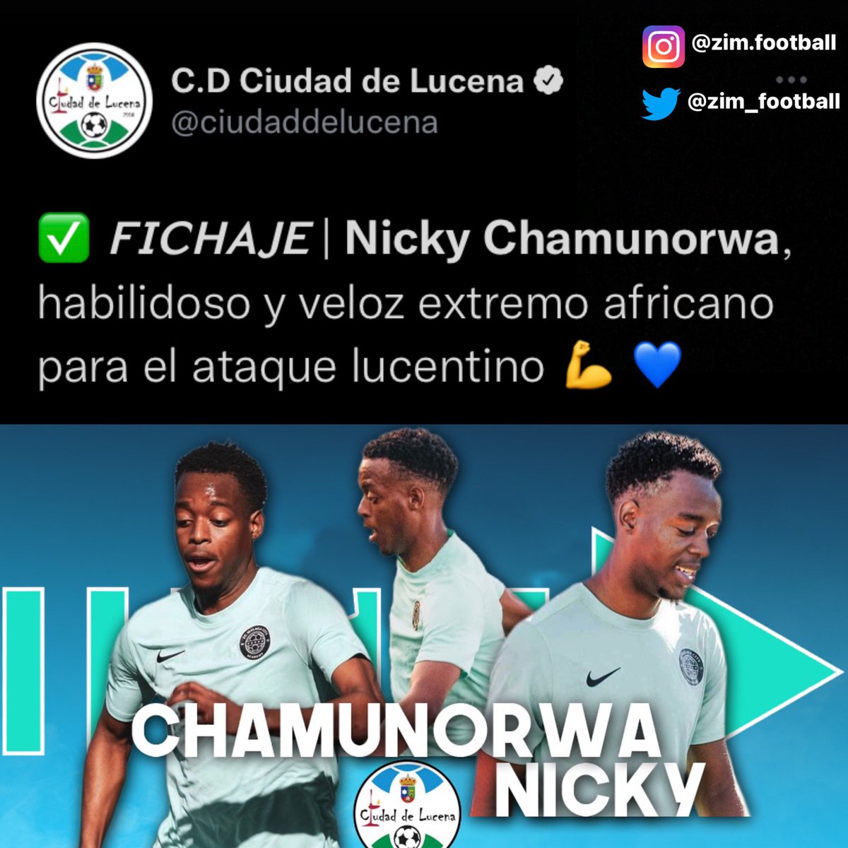 zim_football's tweet photo. ๐ฟ๐ผ๐ช๐ธ
CD Ciudad de Lucena have signed Zimbabwean winger Nicky Chamunorwa from FC Malaga City Academy.
AYSA graduate
#Zimbabwe #Transfers #Spain #Zimfootball https://t.co/fpwwKnDD3y