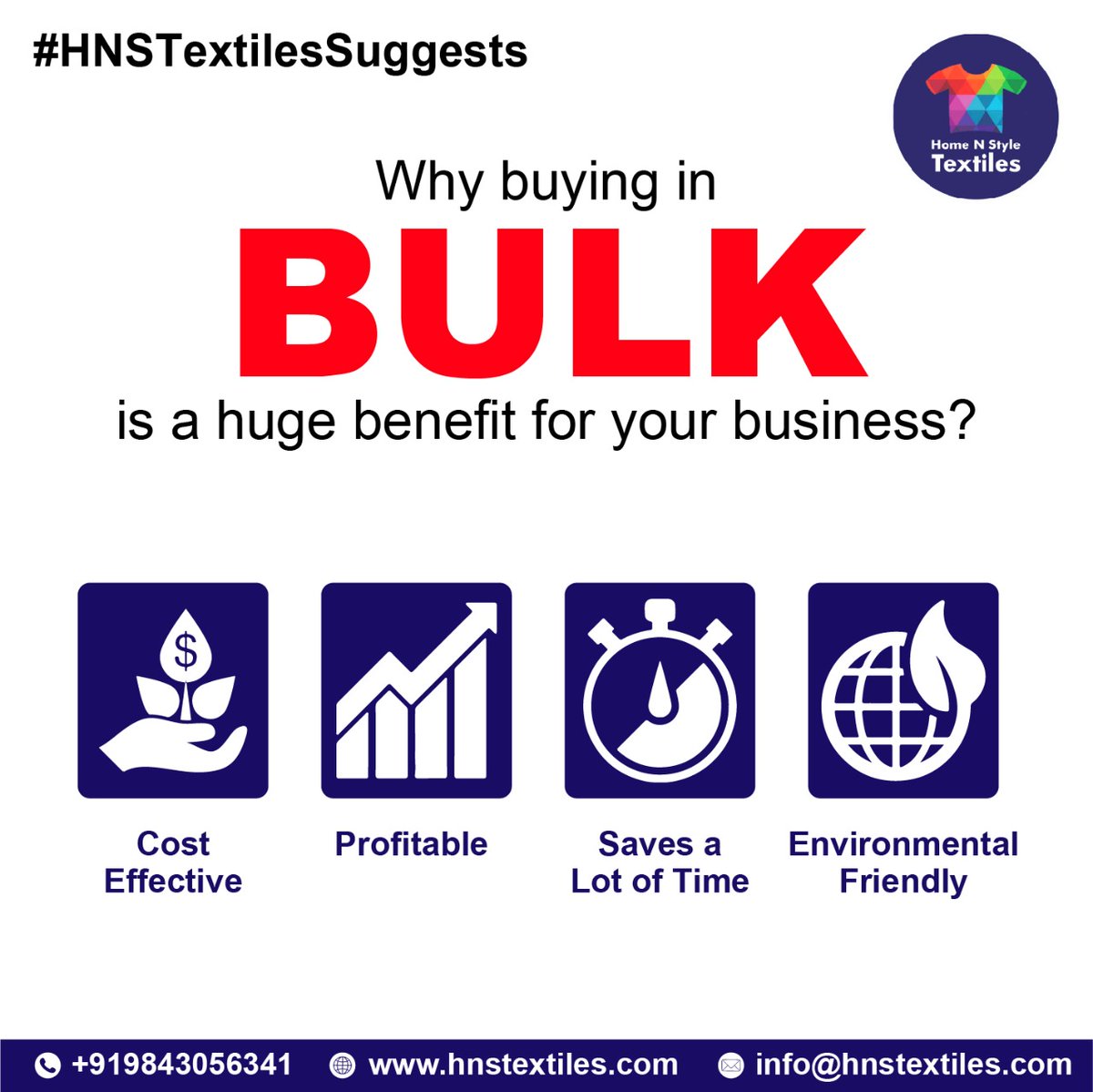 Buying products in bulk is far more reasonable than paying actual retail prices.  Your business will be successful if you buy in bulk.

#tshirtbrand #textilenews #textilesindia #apparelmanufacture #fashion #trends #lovefashion #India #happy #startyourbusiness #sales #money
