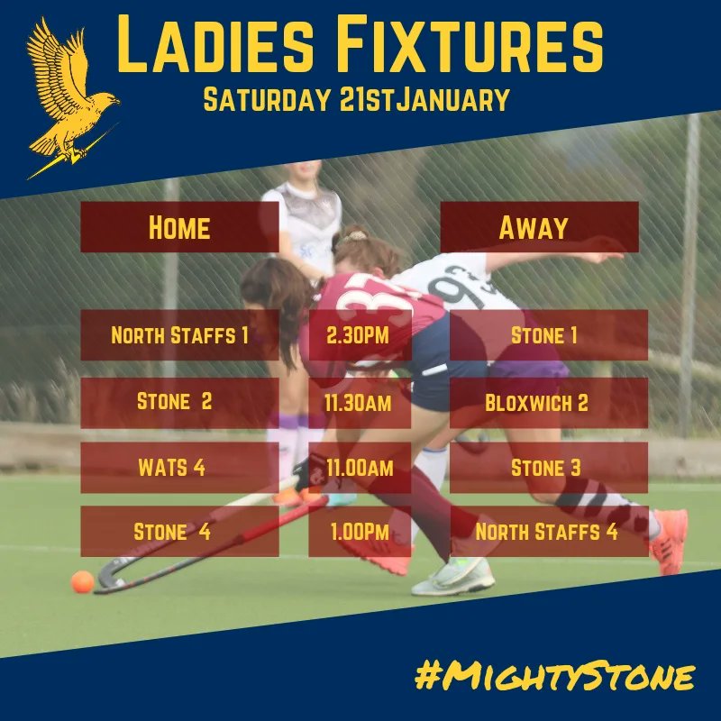 Stonehockeyclub's tweet photo. Here's the fixtures for the day. We see the Ladies 1's play their local derby against North Staffs. Go smash it! #StoneHockeyClub #MightyStone https://t.co/RROSTaMAR6