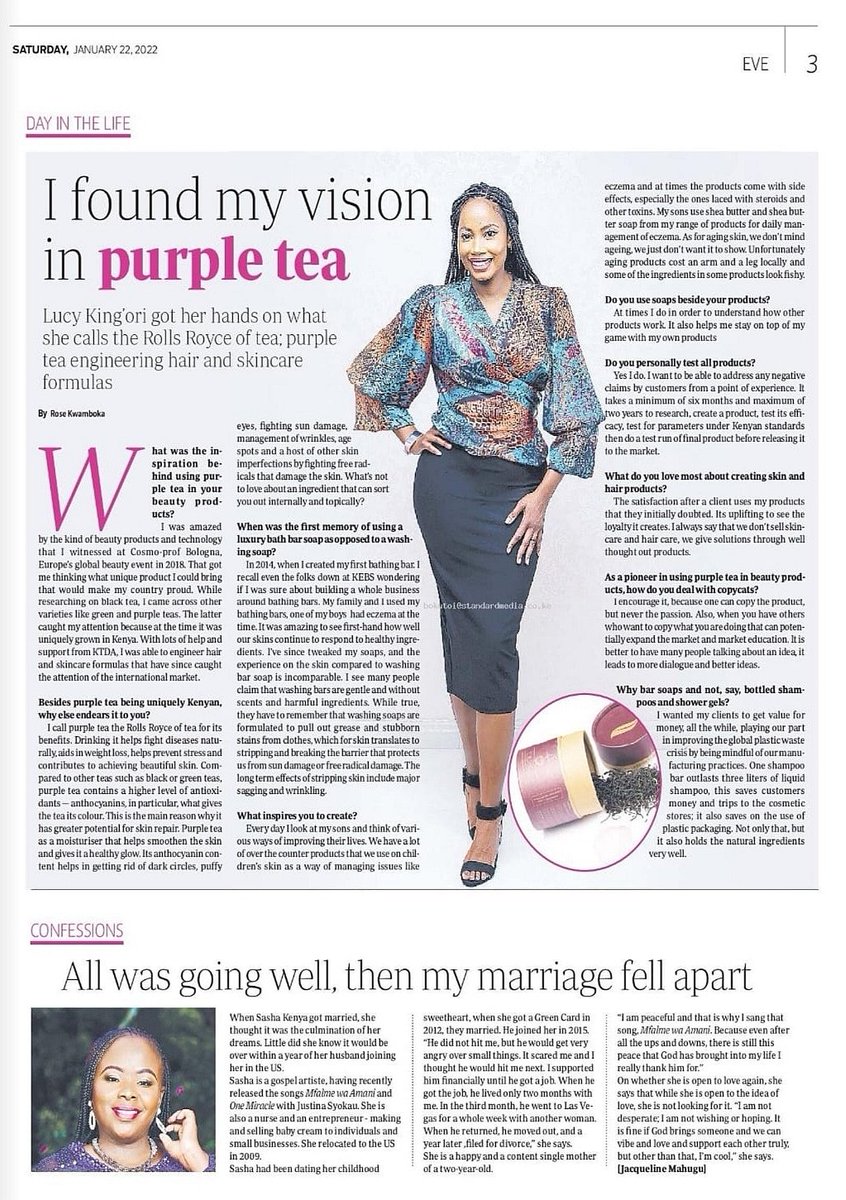 BukeBrands's tweet photo. 2 years into the formulation of the Purple Tea range by our Founder, Lucy King'ori 💜💜💜💜 featured in today's standard news paper, @evewomankenya

Story by @kwamboka_rose_
👗 By @2nuboutique 

#purpleteakenya #haircare #haircareroutine#haircareproduct #makeitkenya https://t.co/HM6l0SBcVV