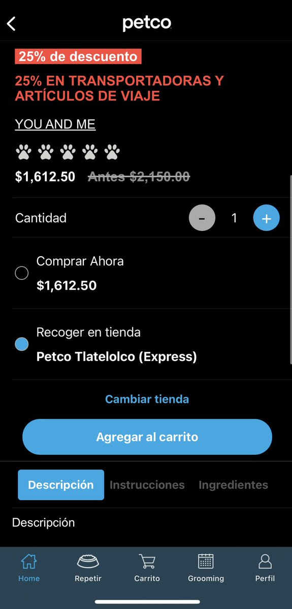 imikerman's tweet photo. @PetcoMexico Intentando comprar una transportadora (SKU: 104277), pero al agregarla al carrito no aplica el descuento del 25%, revisando otros productos tampoco lo aplica. Lo he intentado en varias ocasiones, en la app y en la página, pero no se puede. #ayuda https://t.co/eSybEjeWnW