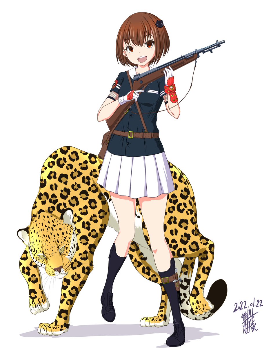 yukikaze (kancolle) 1girl brown hair weapon gun short hair skirt dated  illustration images