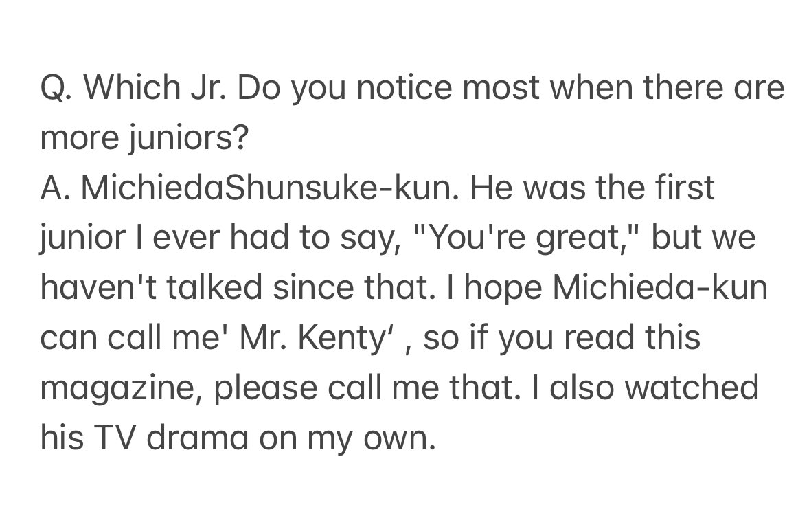 micchisbangs's tweet photo. Magazine Cancam 22.3 Eng sub🌱#道枝駿佑 
Kenty mentioned #micchi in the interview. #MichiedaShunsuke is the most impressive junior to #NakajimaKento.And Kenty said he wants micchi to call him “ Mr.Kenty”🥰 #中島健人 #なにわ男子 https://t.co/Aki8PHTqQo