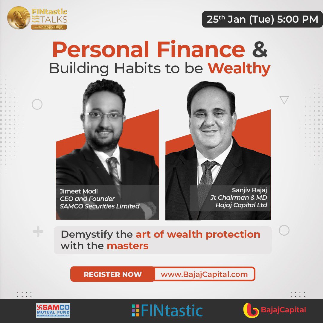 mybajajcapital's tweet photo. In our next episode of 𝗙𝗜𝗡𝘁𝗮𝘀𝘁𝗶𝗰 𝗧𝗮𝗹𝗸𝘀 series with Sanjiv Bajaj (Jt Chairman &amp; Managing Director - Bajaj Capital) join us to deep dive into Finance Industry with Mr. Jimeet Modi( CEO &amp; Founder of SAMCO Securities Ltd.) https://t.co/iacAwL8bMQ