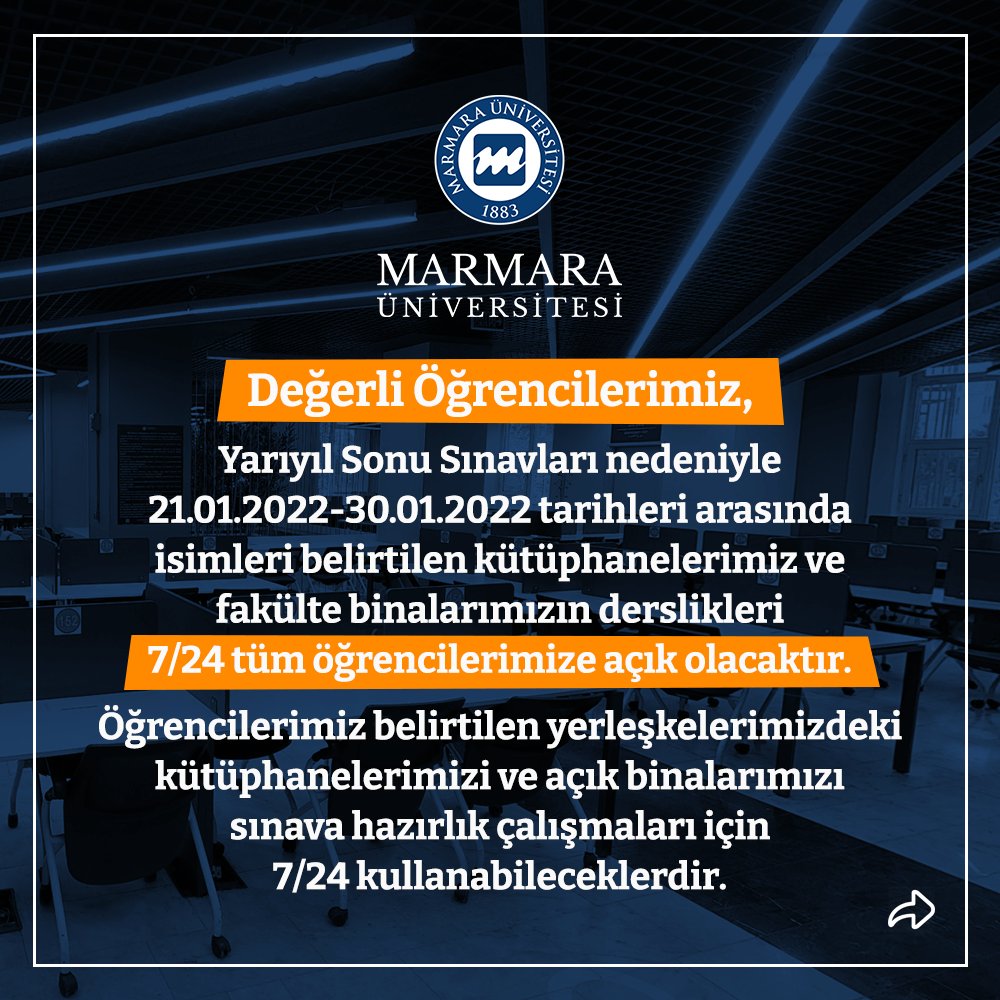 marmara1883's tweet photo. Yarıyıl sonu sınavları nedeniyle 21-30 Ocak 2022 tarihleri arasında isimleri belirtilen kütüphanelerimiz ve fakülte binalarımızın derslikleri 7/24 tüm öğrencilerimize açık olacaktır. https://t.co/dQzf84YRma
