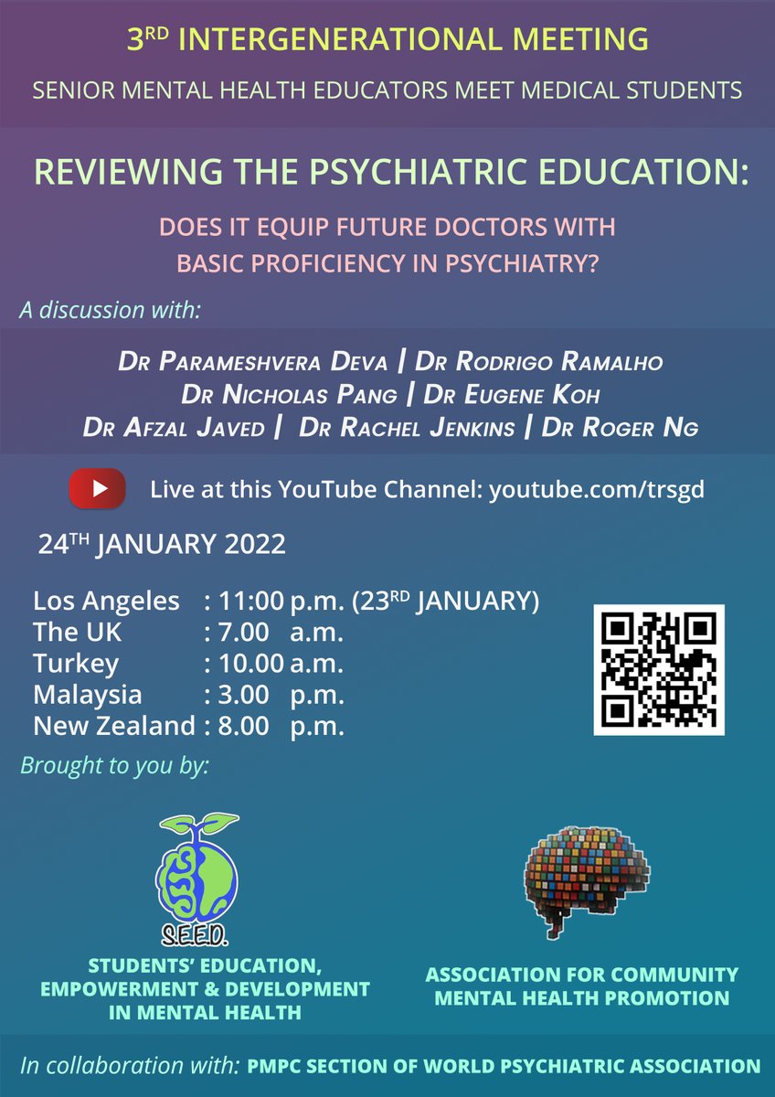 SEEDinMH's tweet photo. Happy 2022 to everyone!
We would like to invite you to our first intergenerational meeting of the year, this 24th January. The topic of this meeting is: Reviewing the Psychiatric Education.
We will have many distinguished guests attending the meeting. Retweet us your questions! https://t.co/S7dxKofcao