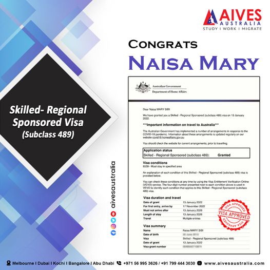 AivesAustralia's tweet image. 𝐂𝐨𝐧𝐠𝐫𝐚𝐭𝐬 𝐌𝐬. 𝐍𝐚𝐢𝐬𝐚 𝐌𝐚𝐫𝐲! Your 𝐒𝐤𝐢𝐥𝐥𝐞𝐝- 𝐑𝐞𝐠𝐢𝐨𝐧𝐚𝐥 𝐒𝐩𝐨𝐧𝐬𝐨𝐫𝐞𝐝 𝐕𝐢𝐬𝐚 (𝐒𝐮𝐛𝐜𝐥𝐚𝐬𝐬 𝟒𝟖𝟗) has been granted by the Australian Govt.

#AustralianPR #Subclass489 #australianlife #immigrationexpert