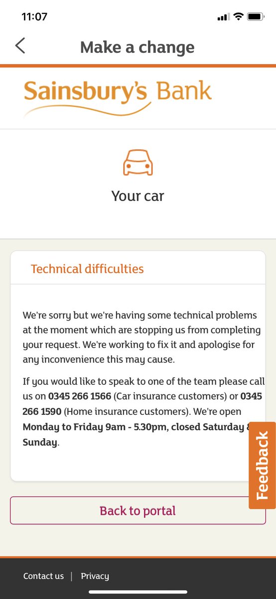CaroWoo6's tweet photo. @Sainsburys_Bank Terrible customer service trying to change my car insurance details today and yesterday. Literally hours on hold altogether and still no answer. Online portal not working https://t.co/Y8Lky4Uczk