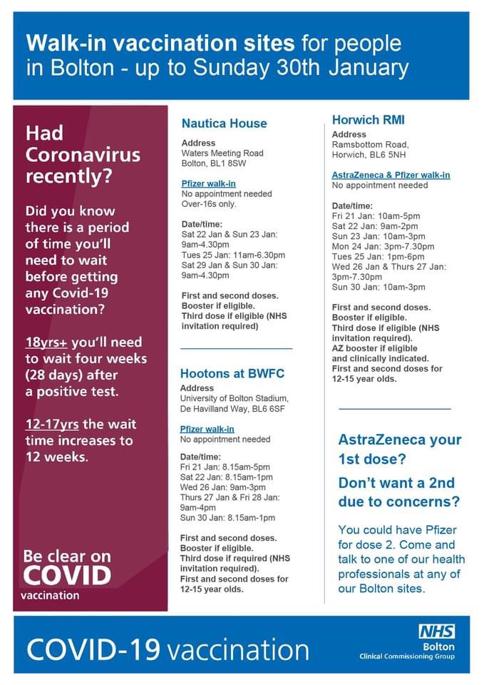 Walk in vaccination sites up to and including Sunday 30th January 2022. #GrabAJab #GetBoostedNow #TeamBolton