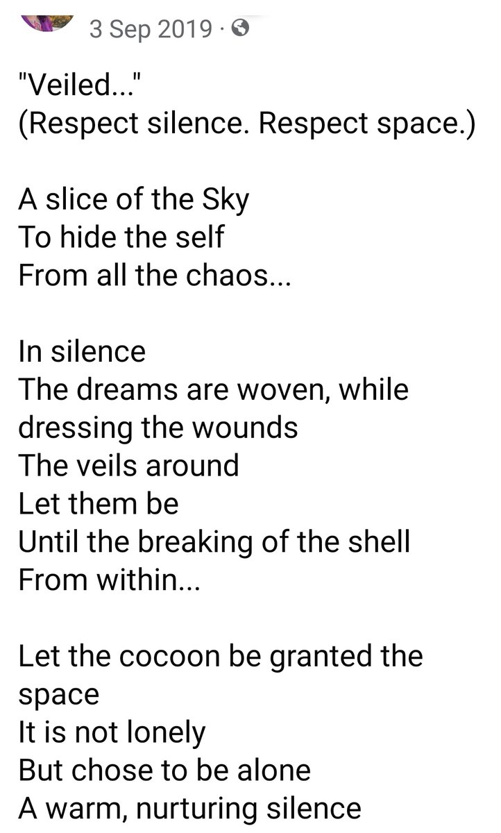 Madhumathi_Inks's tweet photo. "In silence
The dreams are woven, while dressing the wounds
The veils around
Let them be
. . .
the cocoon
It is not lonely
But chose to be alone
A warm, nurturing silence
To breathe peace
Meditate life..."
#Cocoon #Therapy #shell #RespectSilence #RespectSpace #Healing https://t.co/4vM6u1ztHB