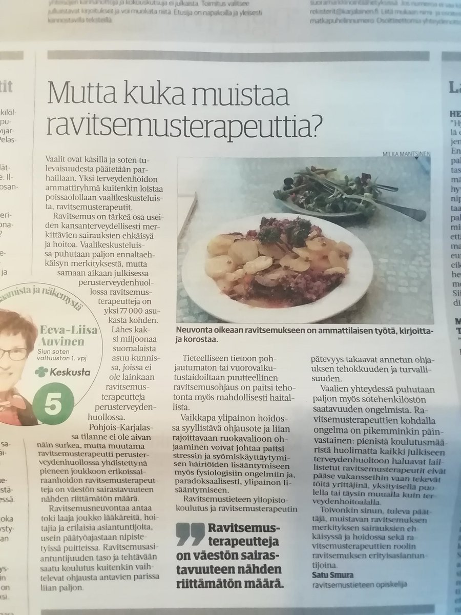 Kyllästyin #ravitsemusterapeutti en ja #ravitsemuksen totaaliseen näkymättömyyteen vaaleissa, ja kirjoitin aiheesta pohjoiskarjaisen alan opiskelijan näkökulmasta. Sekä #Karjalainen että #ViikkoPK julkaisivat. #aluevaalit #UEF