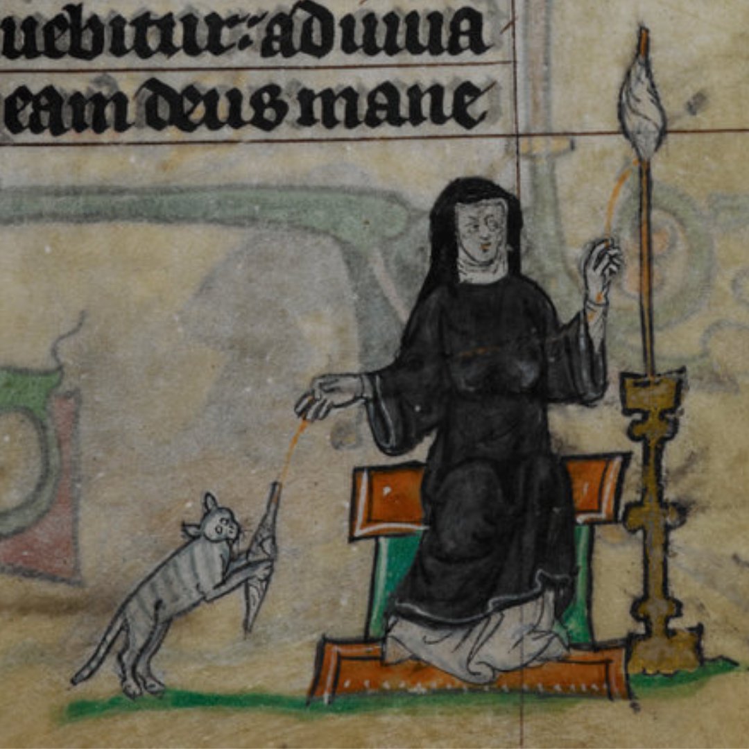 Nun with a spindle and a cat holding wool