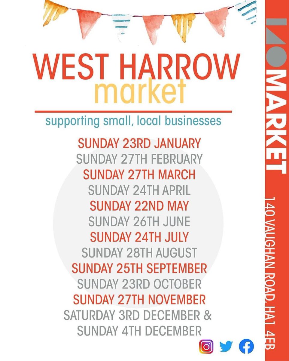 oneforty_harrow's tweet photo. Save these dates! Our schedule for the amazing West Harrow Market.
Come and see us tomorrow for the first market of 2022
#westharrowmarket
#140Harrow https://t.co/Gy0yR4ZnMh