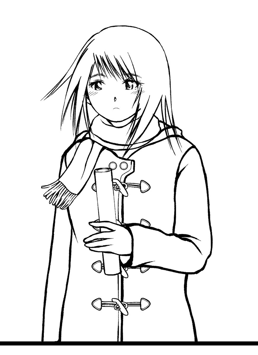 このコマのこの女の子を描き直し、トーン貼りました(1枚目)。
2枚目は線画です(この後少し自由変形して筒の線を線幅修正で太くしました。濃いトーンで目立たなかったため)。
3枚目は描き直す前です。