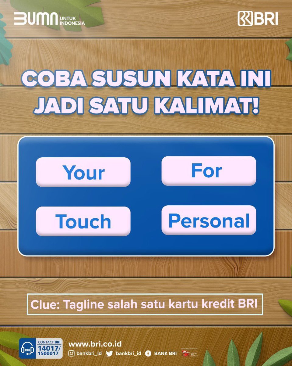 BANKBRI_ID's tweet photo. 💰 Giveaway Alert 💰

Kalo udah masuk weekend gini, pasti tau dong Mimin bakal ngapain? 😋

Yup, ada kuis lagi nih~ Langsung aja susun kata di bawah agar menjadi satu kalimat dan sebutkan slogan tersebut dari produk BRI apa? 👇

#BRI #MemberiMaknaIndonesia https://t.co/5eRsa5CkkY