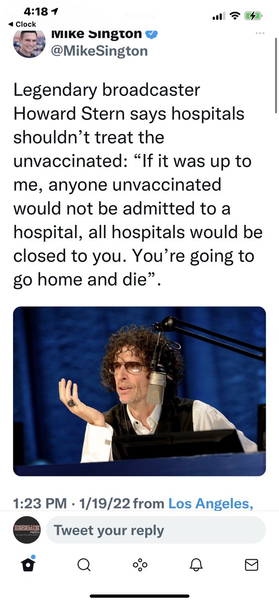 BidenisNo's tweet photo. F^ck @HowardStern   What a POS. People should die because they didn't trust an untested vaccine? Yrust the government huh? You're a hypocrite and a scumbag. Go away grandma. keep hiding in you're basement. From something with a less than 1% mortality rate. Tough guy. https://t.co/1PmzJPV9NA
