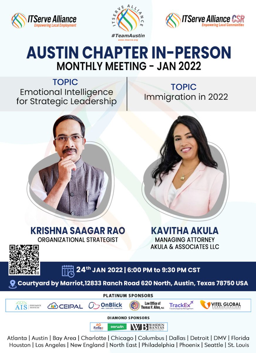 ITServeorg's tweet photo. ITServe Alliance Austin chapter monthly meeting is scheduled for Jan 24th, 2022.

#ITServeAlliance #Austin #Immigration #EmotionalIntelligence  #Networking #ITServe2022 #Strategy https://t.co/u5ZzaltrEL