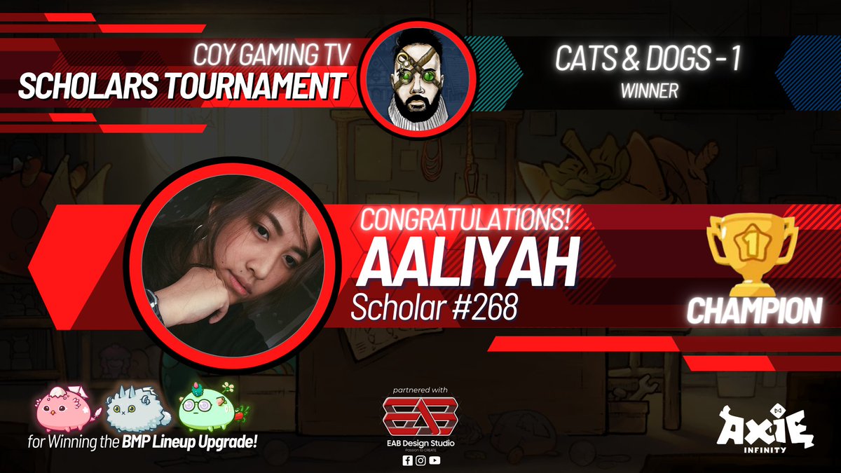 CoyGamingTV's tweet photo. Another @AxieInfinity Tournament in the books! 
Congrats to Aaliyah Natividad for winning the BMP Line-up Upgrade! Congrats to the runner-up Jonathan Sungahid as well!

Thanks to all the 16 competitors who participated in this tournament! 

@Jihoz_Axie #weloveaxie https://t.co/tDvZ8sYsv0