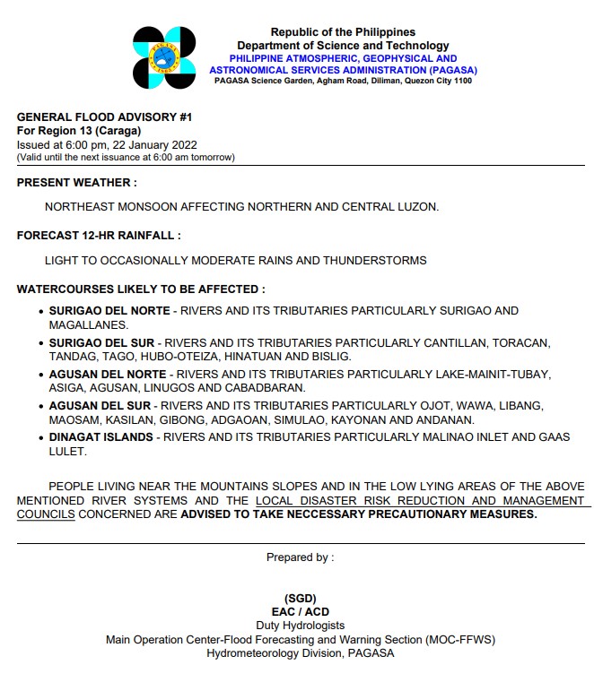 dost_pagasa's tweet photo. General Flood Advisories (GFAs) 
Issued @ 6:00 PM, 22 January 2022

Region 3 (Central Luzon) - #GFA3 (Final)
Region 8 (Eastern Visayas) - #GFA1
Region 13 (CARAGA) #GFA1 https://t.co/ZzX6HJy4Pi