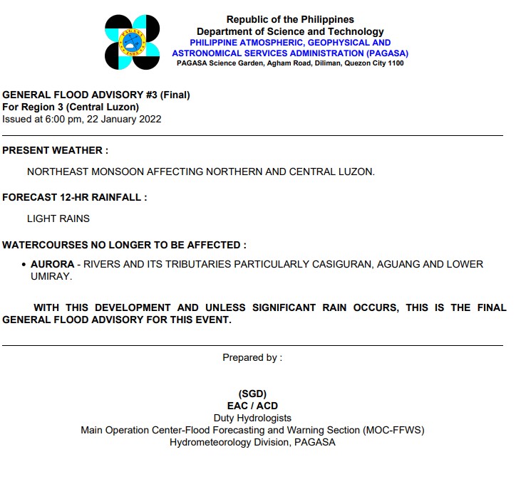 dost_pagasa's tweet photo. General Flood Advisories (GFAs) 
Issued @ 6:00 PM, 22 January 2022

Region 3 (Central Luzon) - #GFA3 (Final)
Region 8 (Eastern Visayas) - #GFA1
Region 13 (CARAGA) #GFA1 https://t.co/ZzX6HJy4Pi