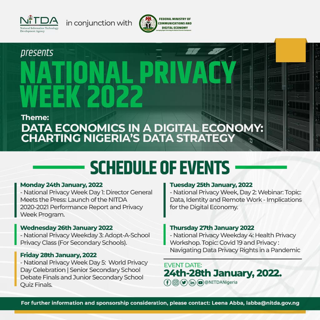 NITDANigeria's tweet photo. ARE YOU READY FOR NATIONAL PRIVACY WEEK 2022 CELEBRATION?

#DataPrivacyWeek is celebrated globally from 24th — 28th January every year. The week is dedicated to raising awareness and promoting data privacy education in Nigeria.

Our Activities at this year's edition https://t.co/B3Rn2Rf1CA
