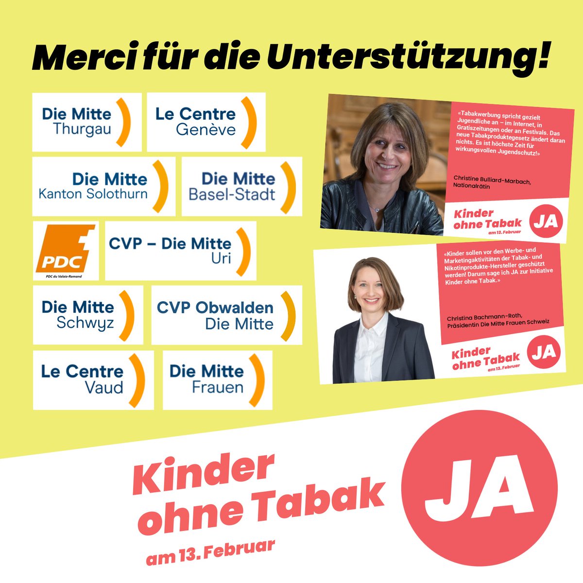 🧡-lichen Dank an die vielen Kantonalparteien <a href="/mitte_centre/">Die Mitte – Le Centre</a>, den zahlreichen Mitte-VertreterInnen in unseren Kantonalkomitees und der Mitte-Basis (gemäss Umfragen) für ihr JA zu #KinderohneTabak! Weiteres Engagement sehr willkommen: kinderohnetabak.ch/mitmachen #abst22 #DVMitte #DDV