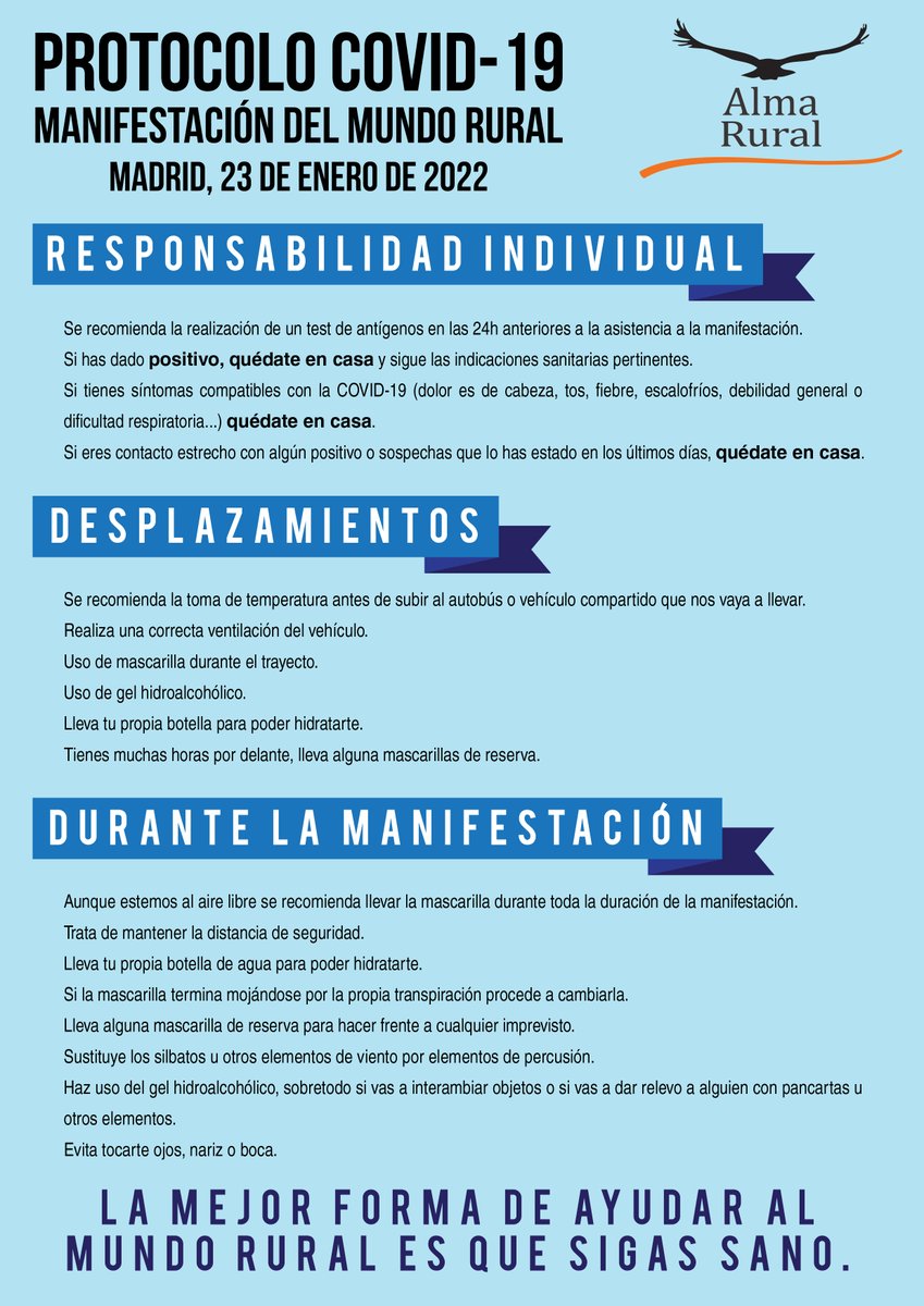 AlmaRural2021's tweet photo. 😷 LA MEJOR MANERA DE AYUDAR AL MUNDO RURAL ES QUE SIGAS SANO❗️ 

👉Recuerda el protocolo Covid19 👈#YoVoyMadrid23DeEnero

Haremos historia. Contamos todos. 
#unmillóndepersonasamadrid
#profundamenterurales
#DefiendeTuTierraDefiendeLoTuyo
#elmundoruralnosevendesedefiende https://t.co/idDl41EYEw