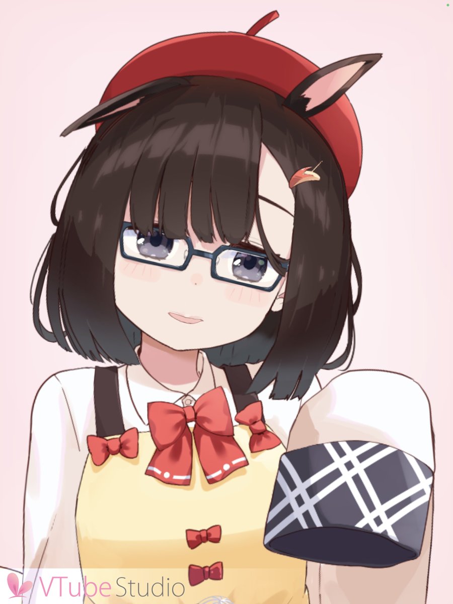 1girl solo hat sleeves past wrists red bow glasses animal ears  illustration images