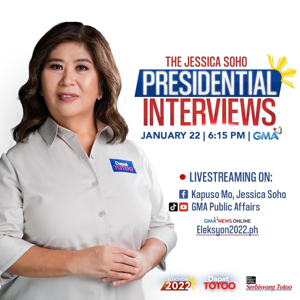 KM_Jessica_Soho's tweet photo. PAGSALANG NG ILANG PRESIDENTIAL ASPIRANTS SA #JessicaSohoInterviews, MAPAPANOOD NANG LIVE SA SA KAPUSO MO, JESSICA SOHO FACEBOOK PAGE MAMAYANG 6:15 PM

Lacson, Moreno, Pacquiao at Robredo, diretsahang sasagutin ang mga mainit na kontrobersyal na ikinakabit sa kanila. https://t.co/H0N9B3mnUm