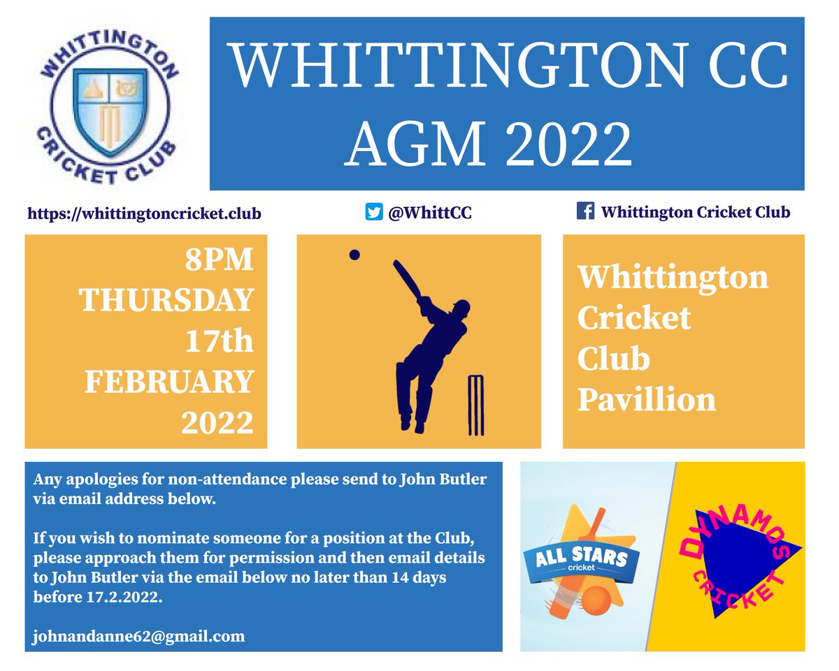 🏏 Club AGM 🏏

With Winter nets now well underway, don't forget about the club AGM. Thursday 17th February at the pavilion, all members are welcome to attend.