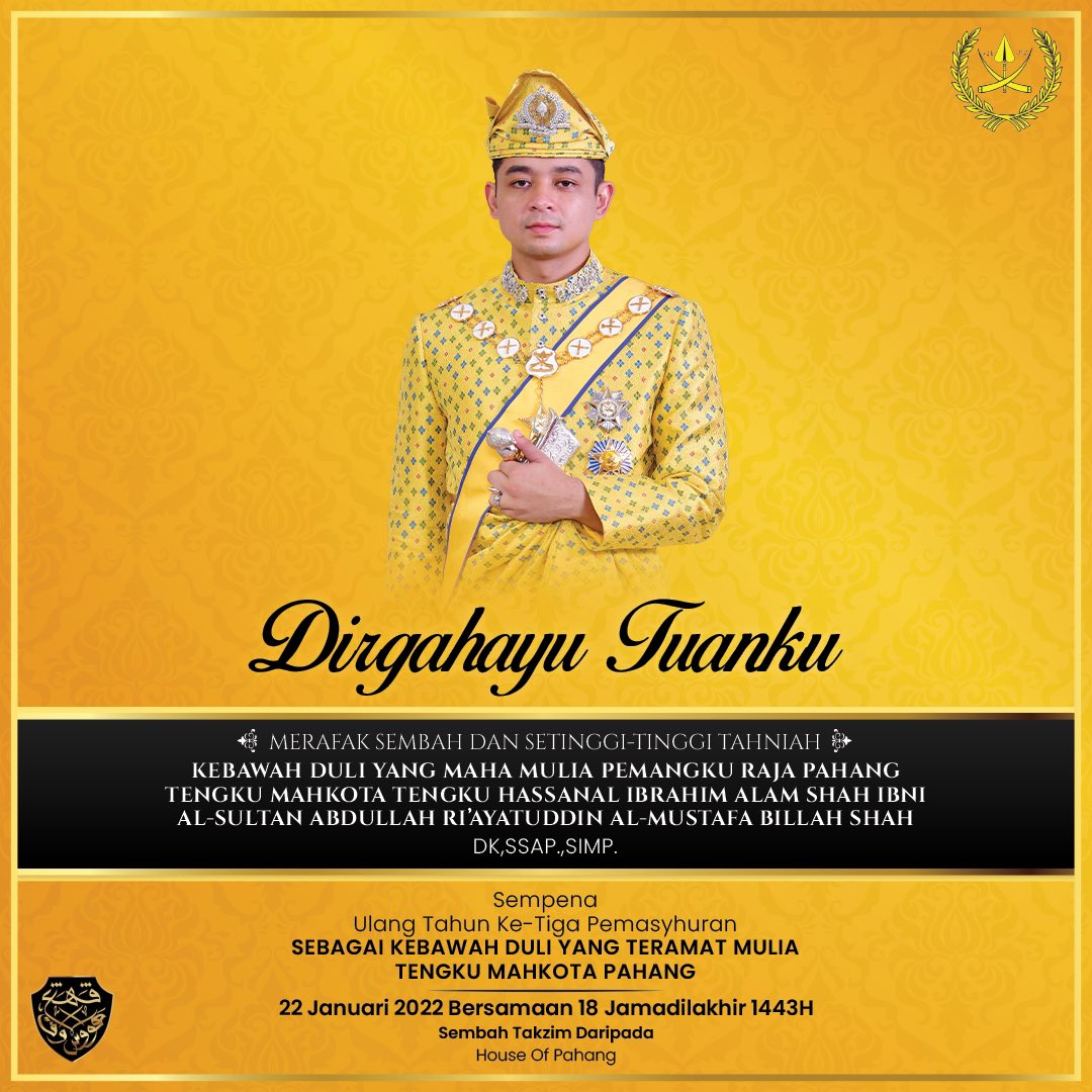 Merafak sembah setinggi-tinggi tahniah Kebawah Duli Yang Maha Mulia Pemangku Raja Pahang Tengku Mahkota Tengku Hassanal Ibrahim Alam Shah Ibni Al-Sultan Abdullah Ri'ayatuddin Al-Mustafa Billah Shah bersempena Ulangtahun Ke-3 Pemasyhuran sebagai

1/3